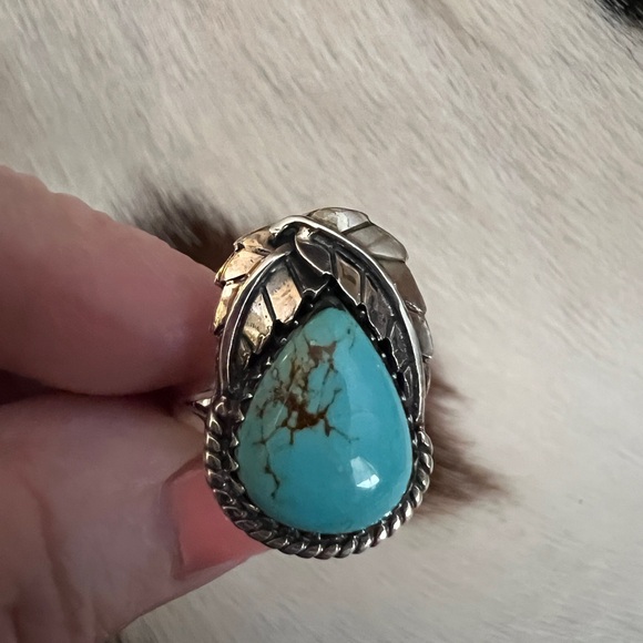 ❤️ Kingman Turquoise Statement Sterling Navajo Style Feather Leaf Ring Sz 7.5 - Picture 16 of 16